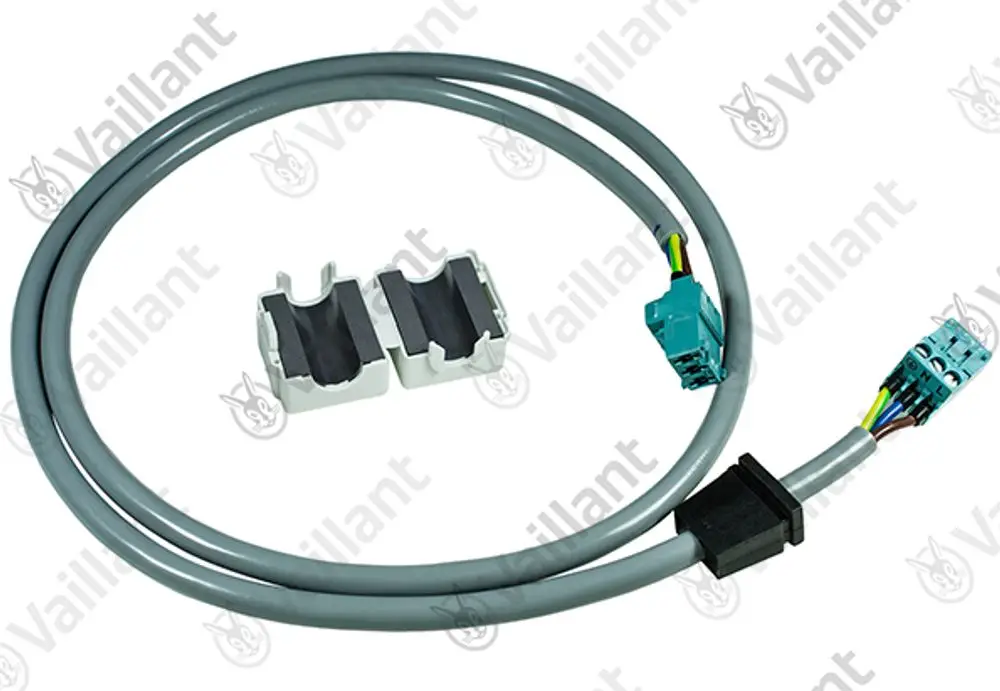 Vaillant Kabel mit zwei Anschlüssen, grauem Ummantelung und zwei Sicherungen in weißem Kunststoff. Kabelverbindung für elektrische Komponenten.